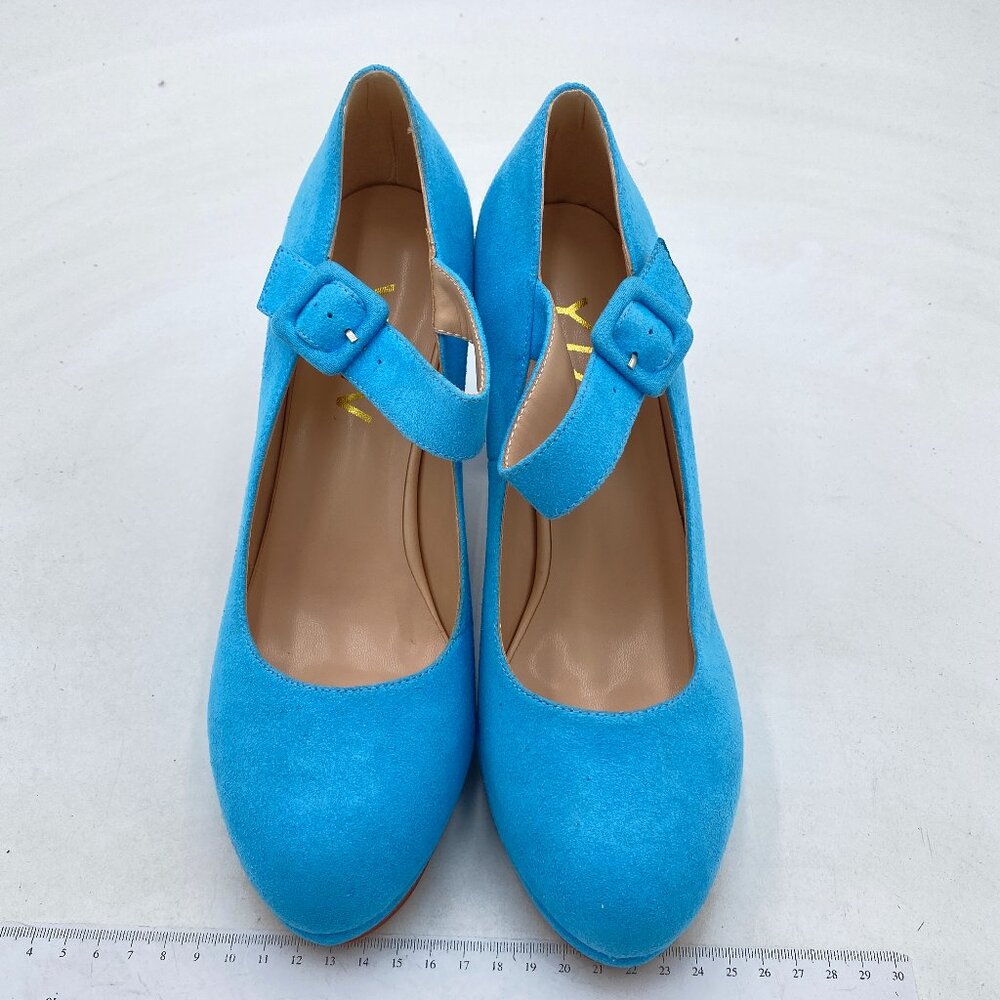 YDN Blue Square Toe Platform Pumps Chunky Heel Mary Janes Ankle Strap Girls Shoe - Picture 2 of 7